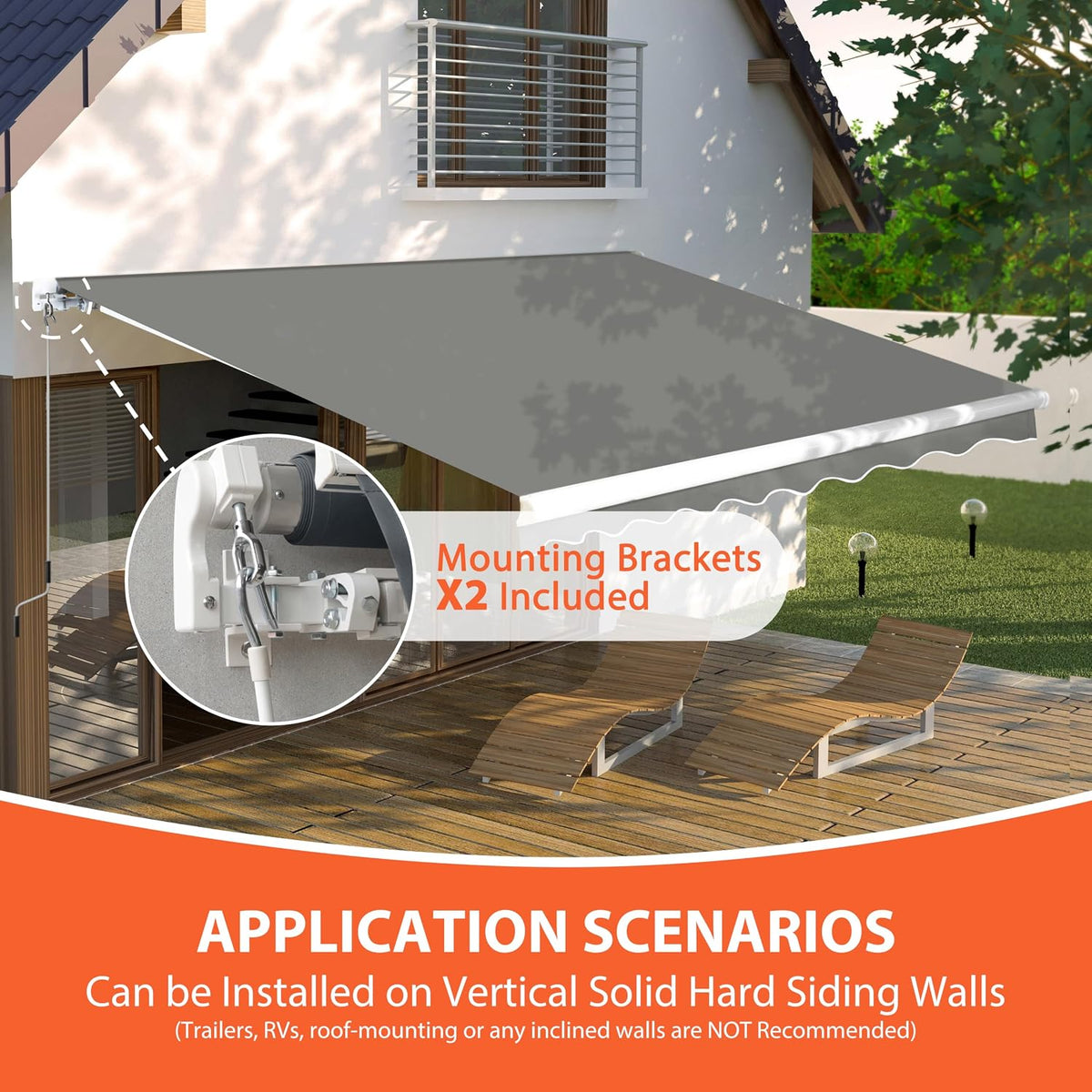 Side perspective of awning over a patio showing mounting bracket close-up and two lounge chairs