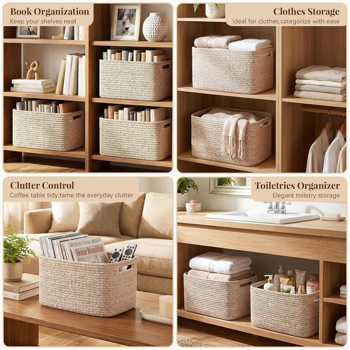 Multiple cotton rope baskets shown in closet shelves, on a coffee table and as bathroom storage in a collage layout