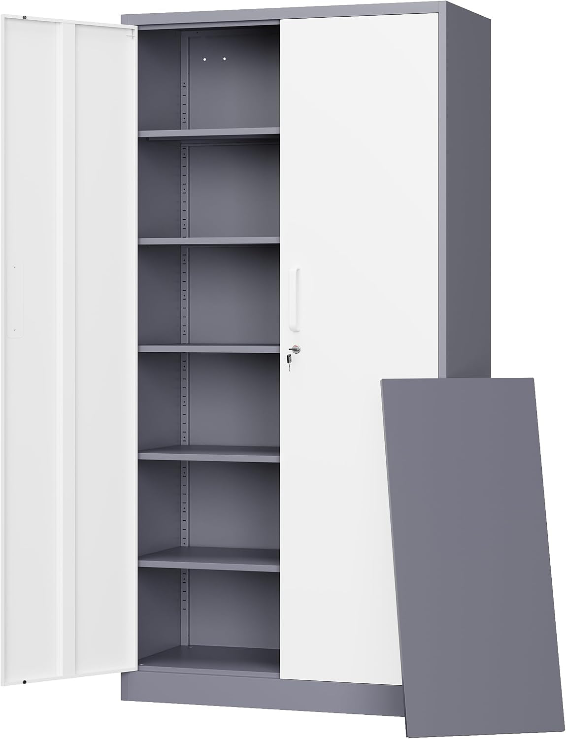 Tall metal storage cabinet with left door open revealing five adjustable shelves; white right door and gray body with a