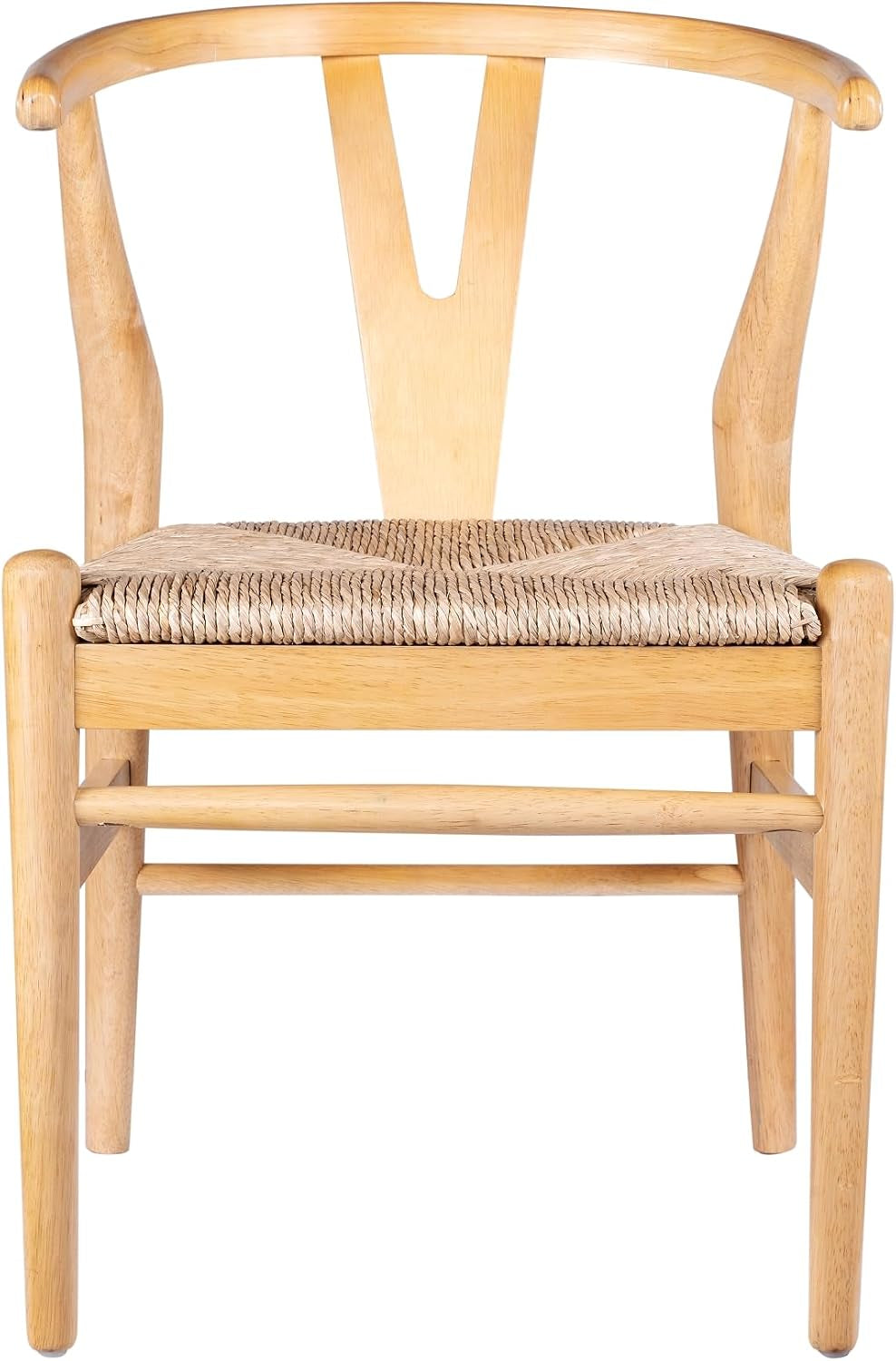 Front close-up of a natural wood wishbone dining chair showing the Y-shaped back support and woven seat