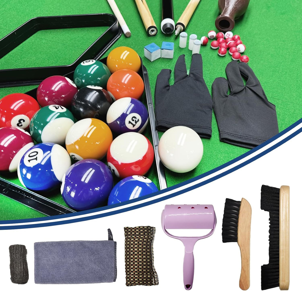 Cue brushes, microfiber cleaning cloth and chalk cubes arranged on green pool felt beside loose billiard balls