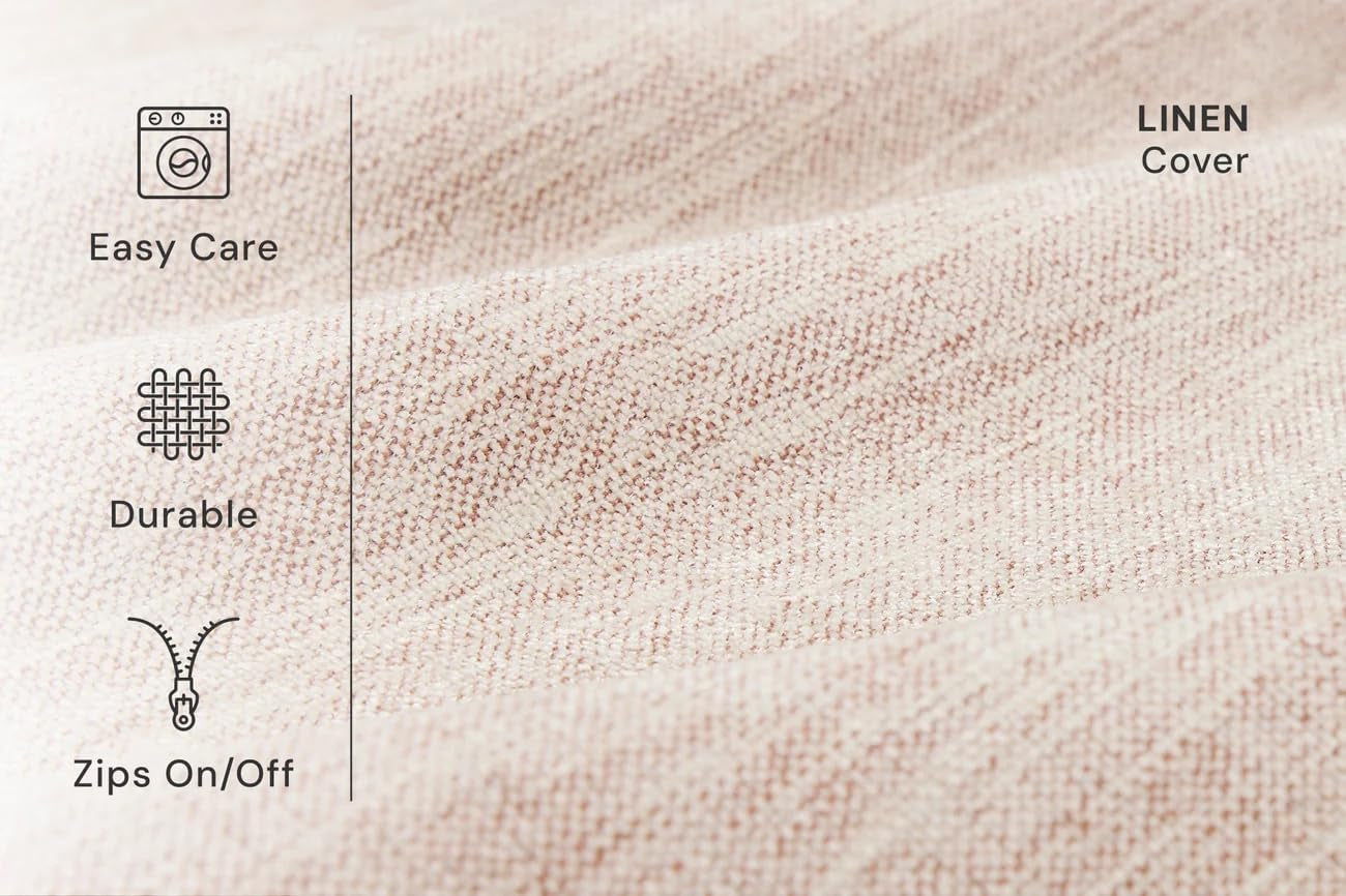 Close-up of light beige linen cover texture showing fabric weave alongside care and zipper icons