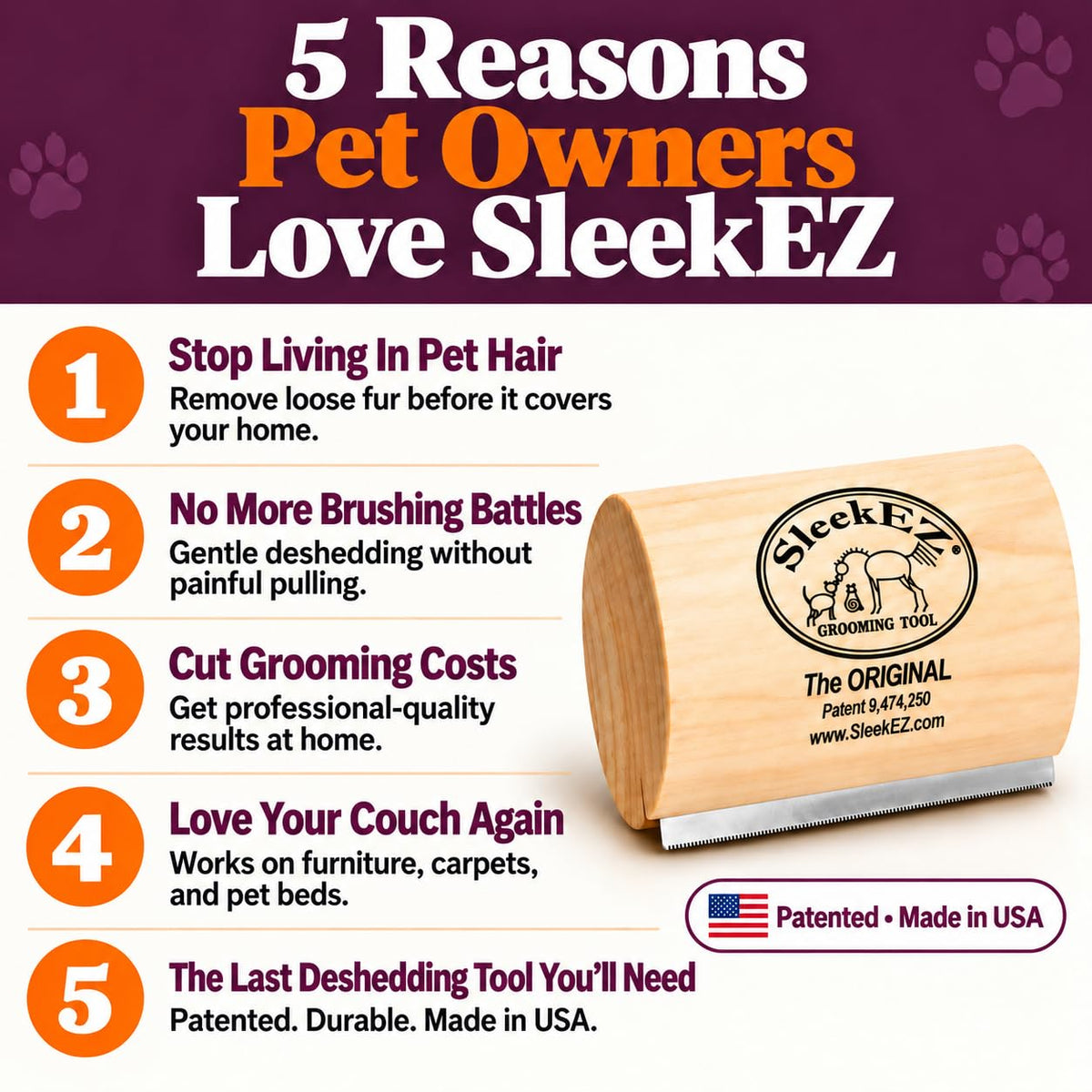 Infographic listing five benefits of a deshedding tool with numbered points and a product photo