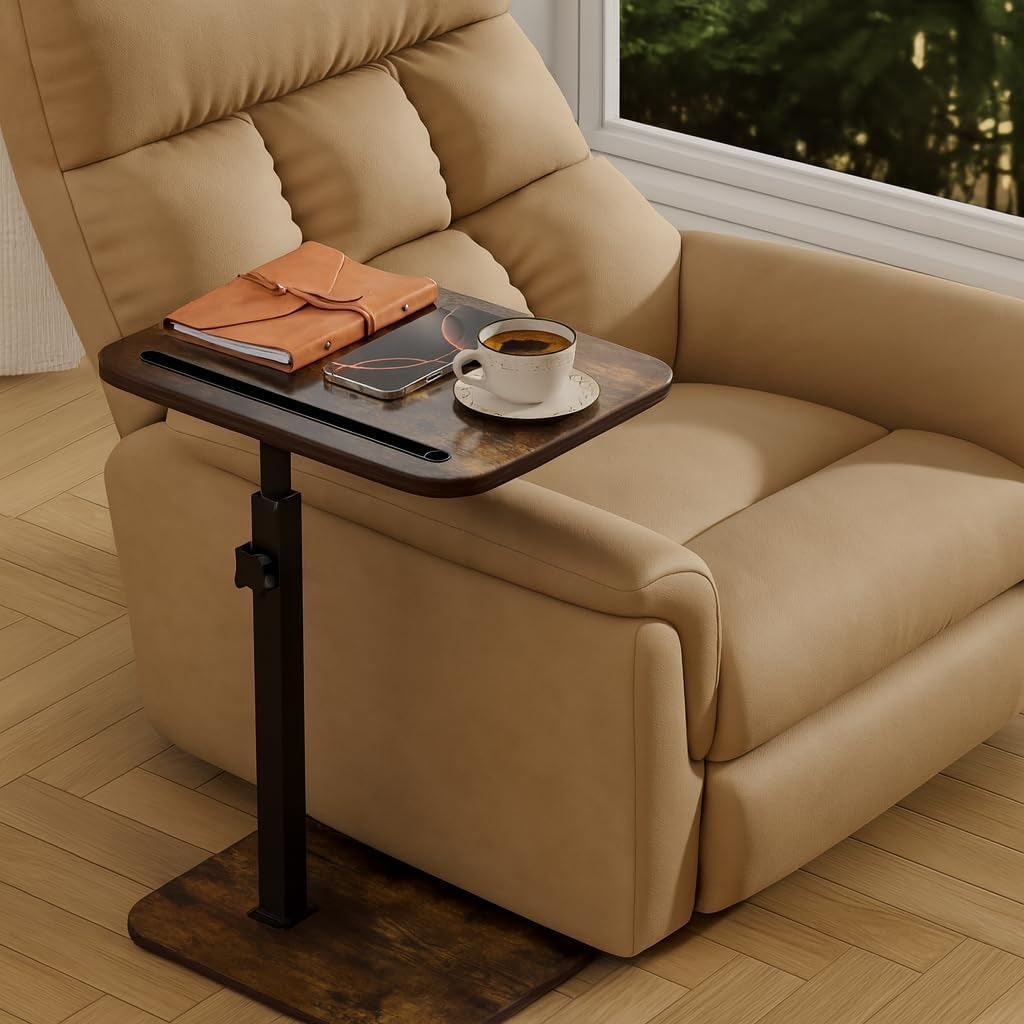 Rustic brown swivel C-table used as side table next to beige recliner with coffee cup and phone on top