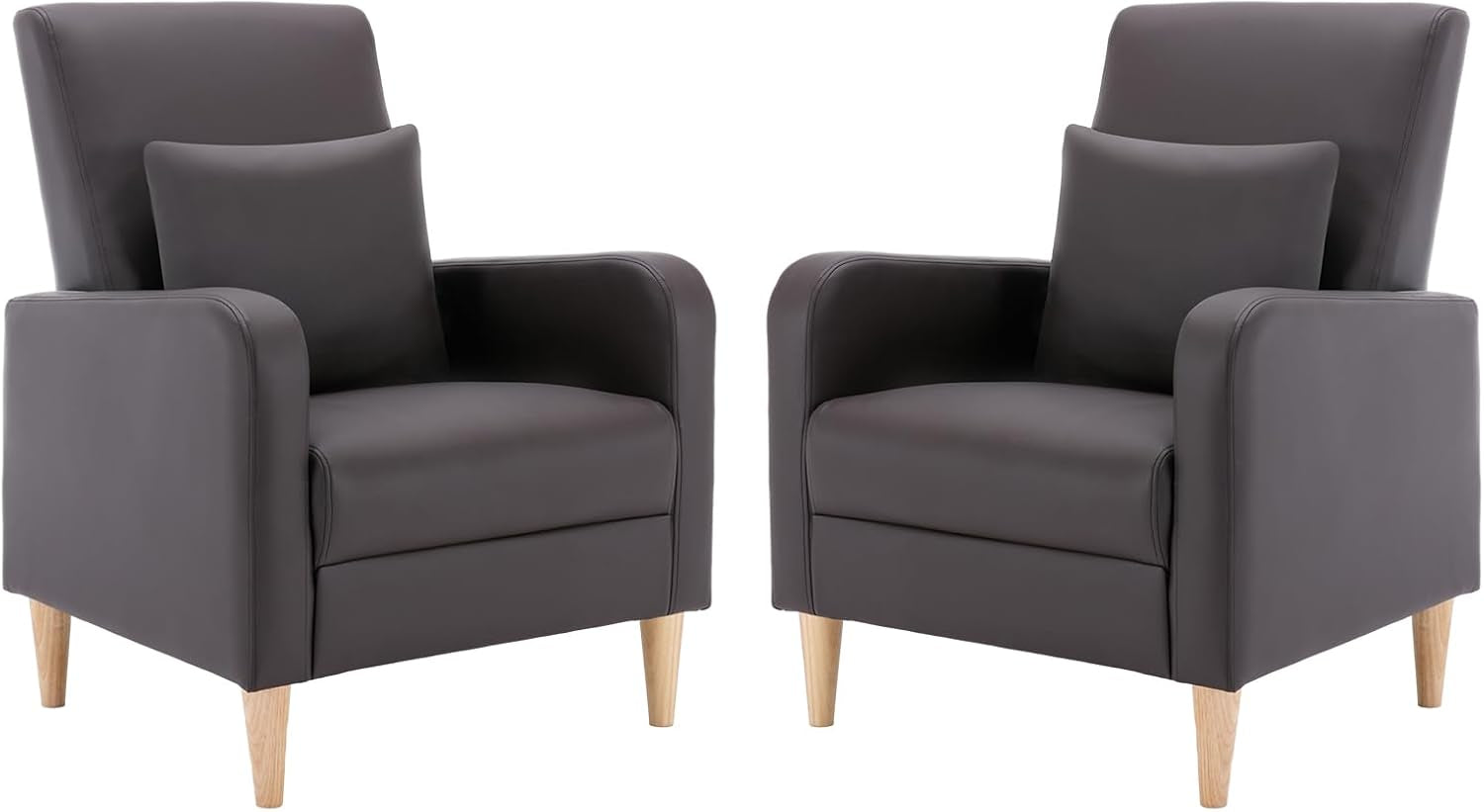 Pair of dark gray high-back accent chairs with wood tapered legs shown on a white background.