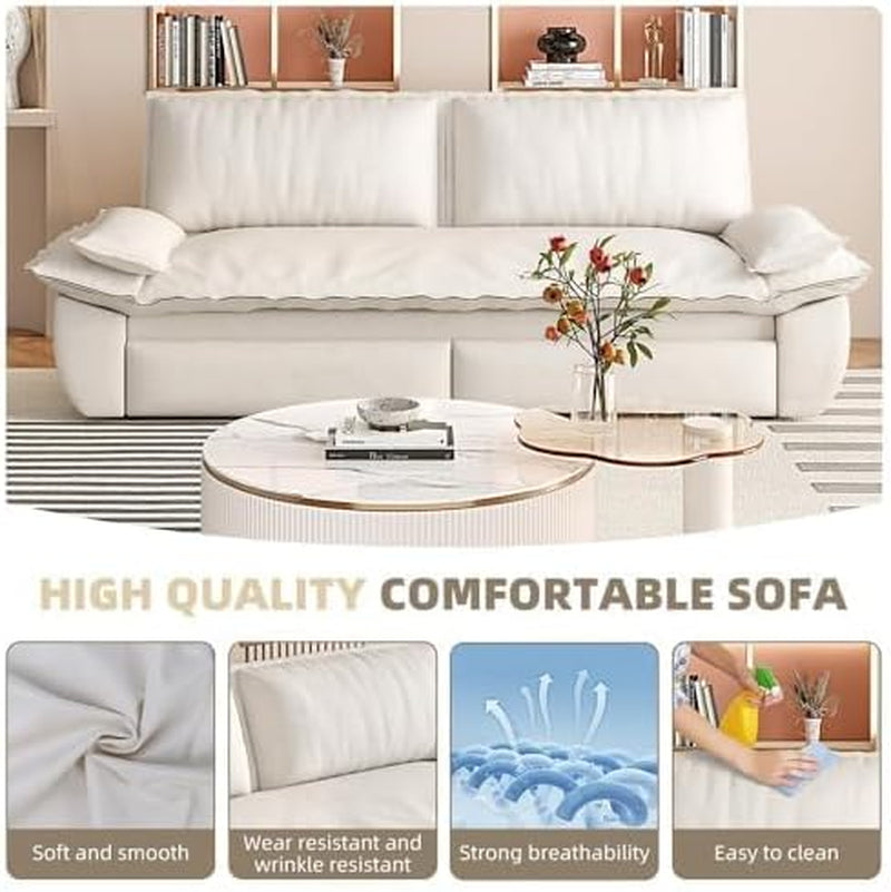 Front view of beige corduroy sofa with two back cushions and low coffee tables in foreground
