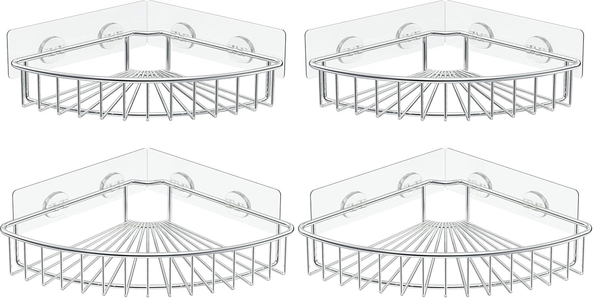 Four identical silver corner wire shelves displayed in a two-by-two grid on white background