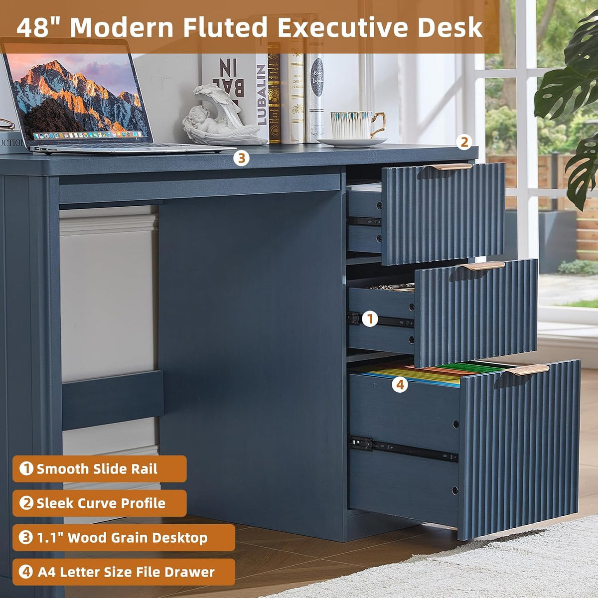 Side view of desk showing three partially open fluted drawers with numbered feature callouts beside them.