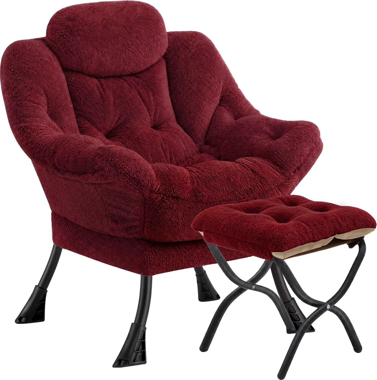 Burgundy plush folding armchair with matching tufted ottoman and black metal legs