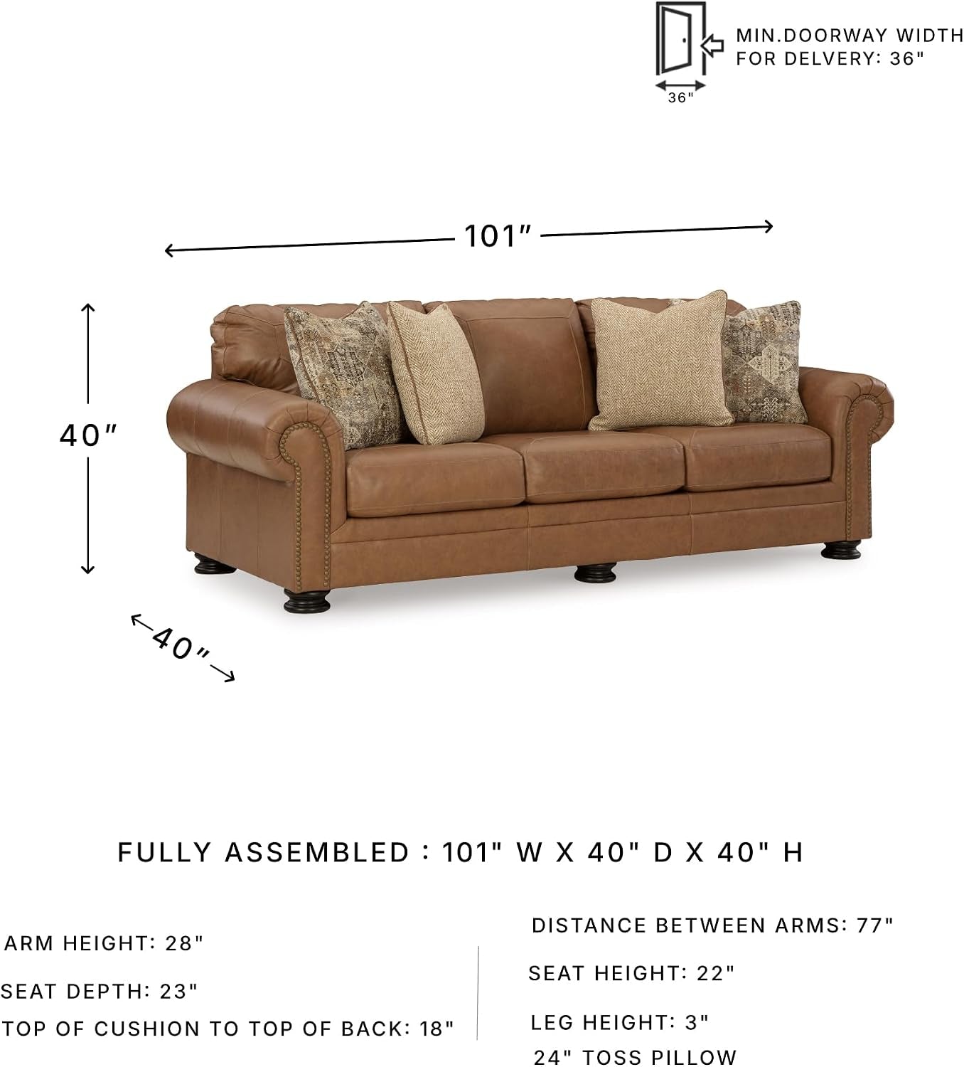 Signature Design by Ashley Carianna Leather Sofa for Living Room, Caramel | Top-Grain Leather Touchpoints, Sag-Resistant Platform Foundation, Classic Rolled Arms with Nailhead Trim