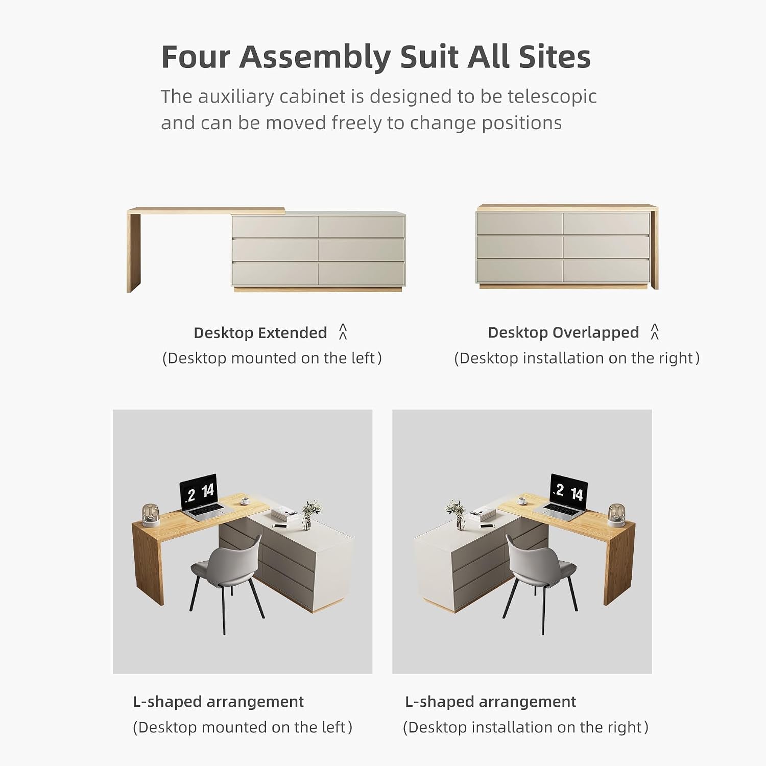Graphic showing four assembly options and two L-shaped desktop orientations with desktop left or right.