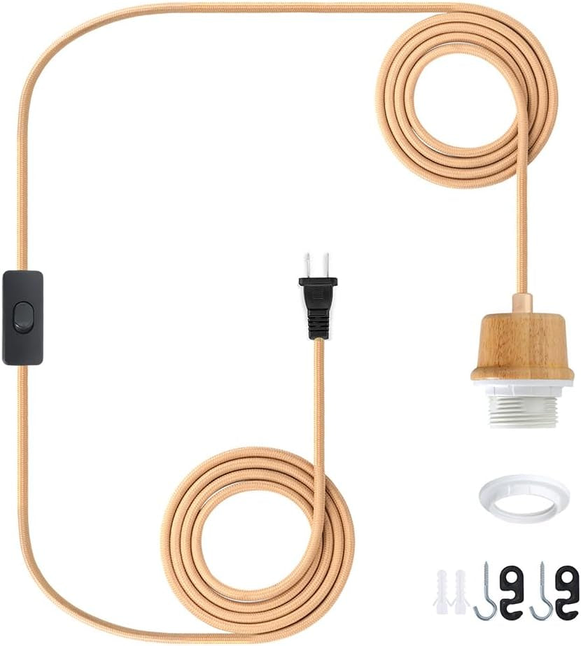Beige fabric-covered cord with black plug and wood-look socket, plus hooks, wire connector and mounting rings laid out.
