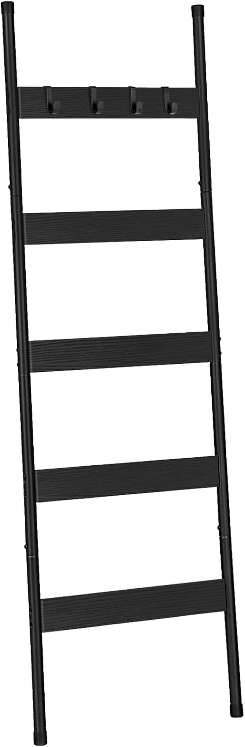 Full-length black ladder-style rack on white background, four slats and four top hooks visible.