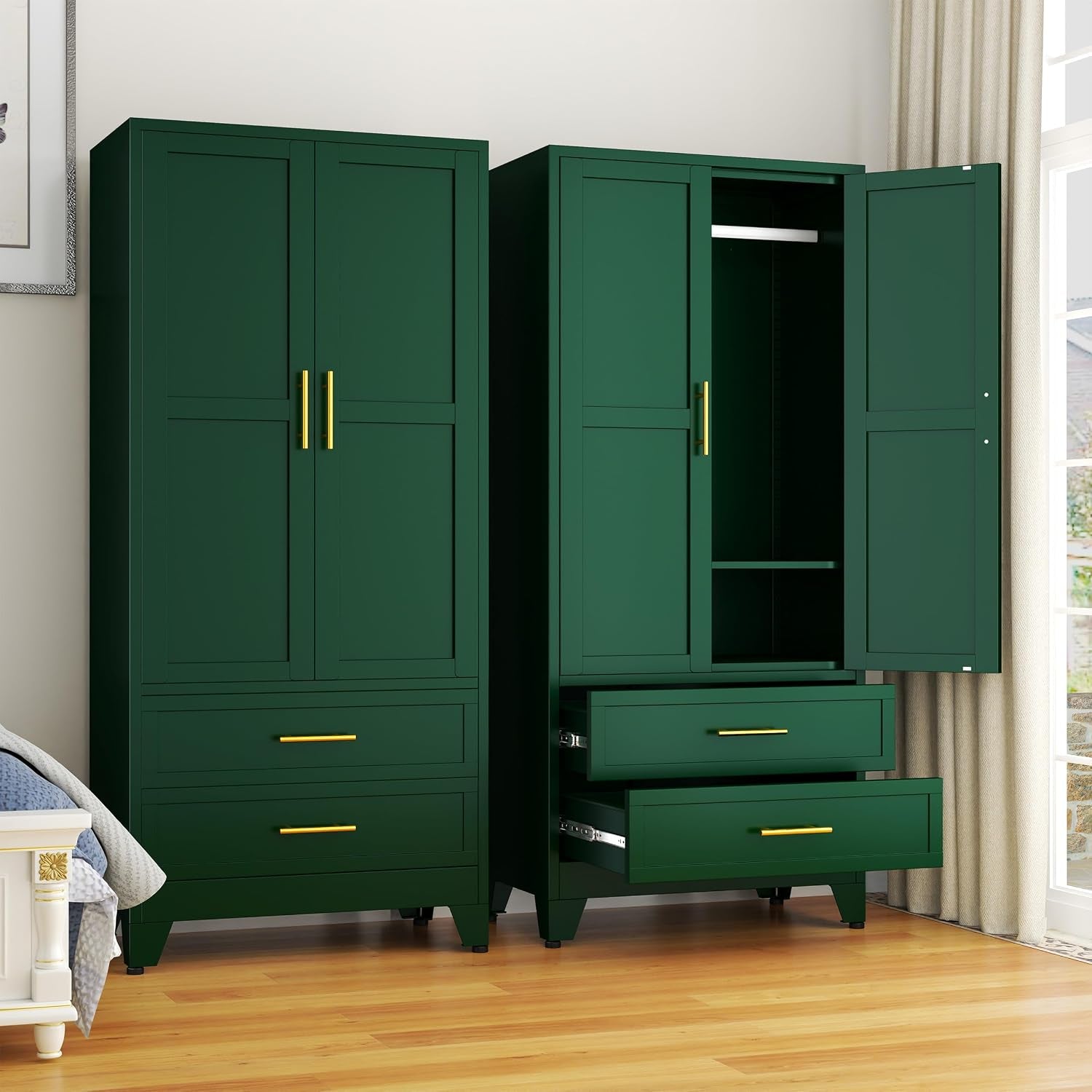 Two dark green wardrobes; right unit open to show an adjustable shelf and two open drawers, left unit doors closed.