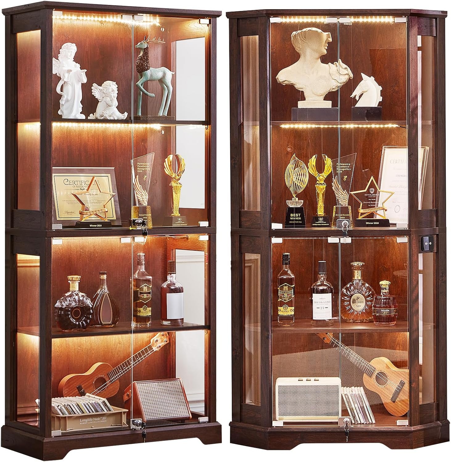 Pair of dark walnut corner display cabinets with glass doors, lit interiors showing statuettes, bottles and a guitar.