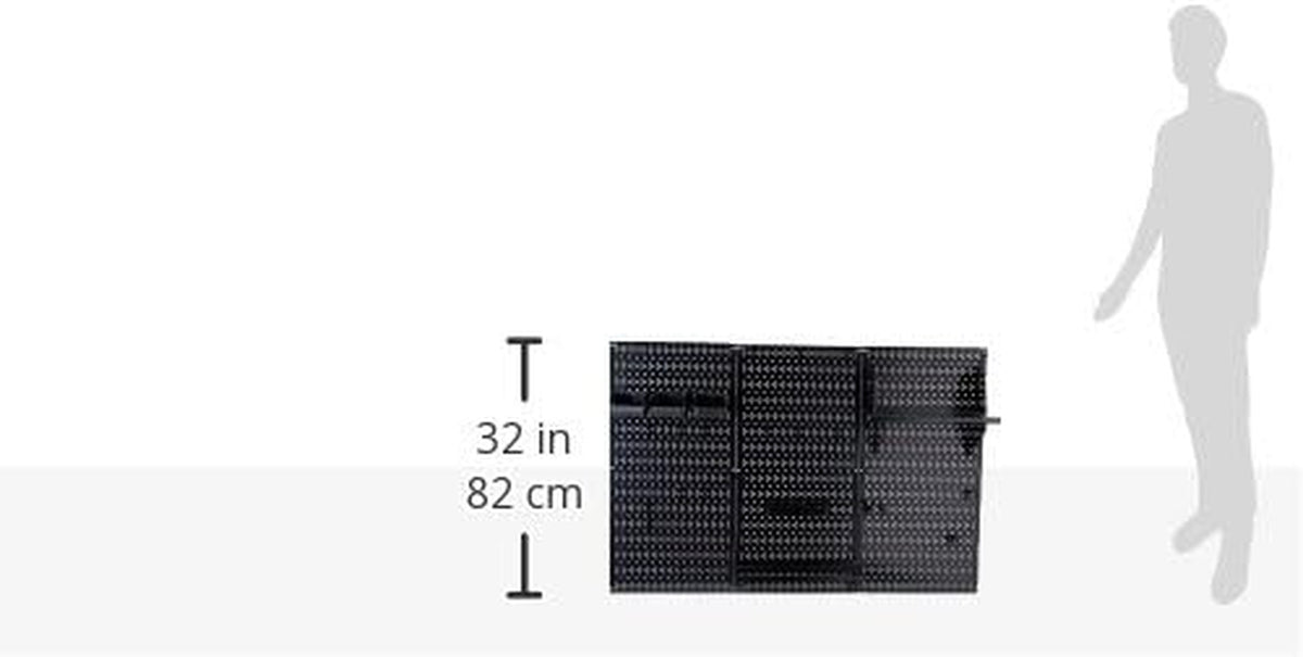 Dimension graphic of three connected black pegboard panels with a 32 in height marker and a faint human silhouette.