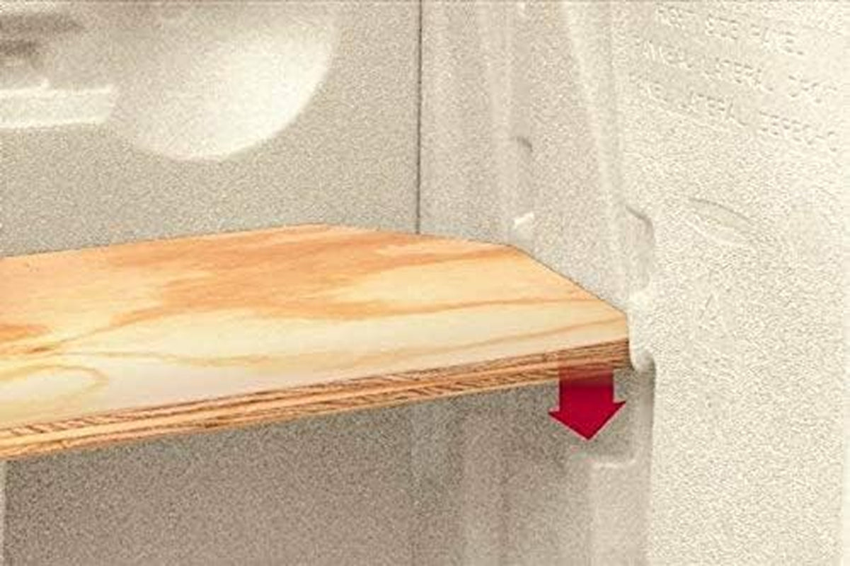Interior shelf corner showing a plywood shelf inserted into molded plastic supports with a red arrow graphic.
