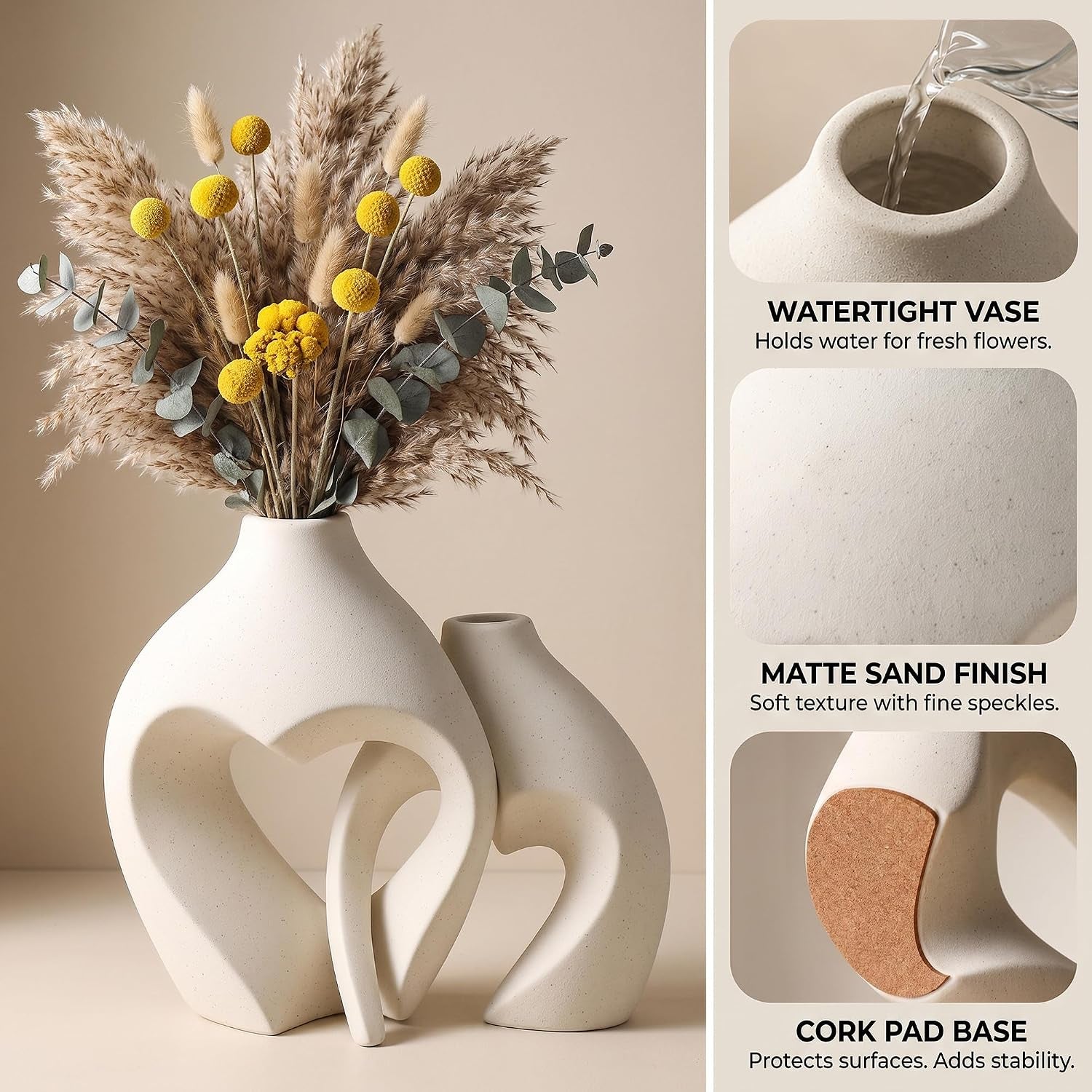 Collage with close-up of the matte sand finish, narrow neck top view with water being poured, and a base pad close-up