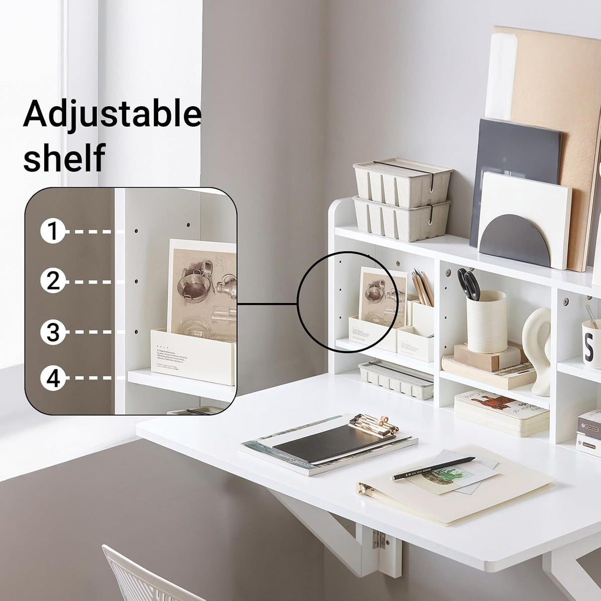 Adjustable shelf peg holes shown next to open desk surface and cubby storage