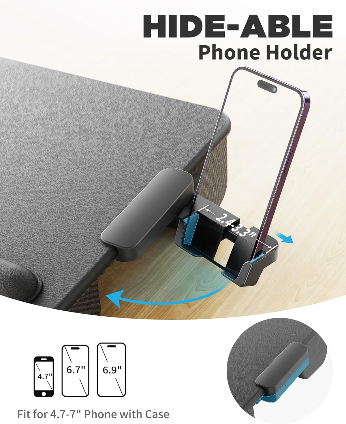Close-up of the desk edge with a hideable phone holder swung out holding a smartphone upright