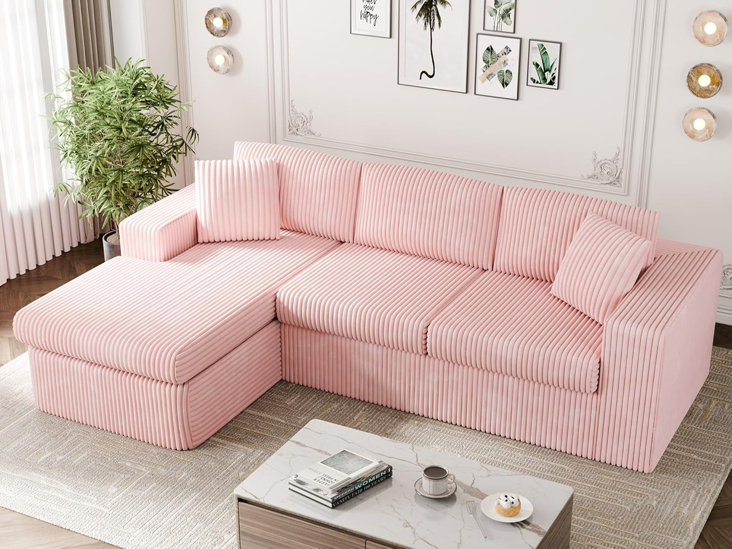 105" Boneless Couches for Living Room, Sectional Couches Modular Sofa with L-Shaped Chaise, Memory Foam Comfy Cloud Couch with Plush Corduroy Fabric, No Assembly Required, Pink