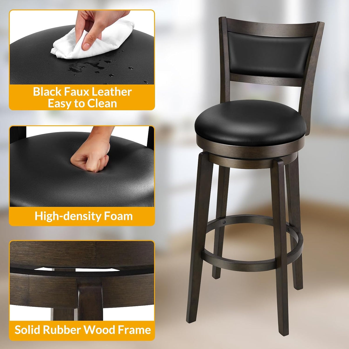 Studio view of a single dark wood bar stool with black padded seat and back and three inset close-ups of the seat surface