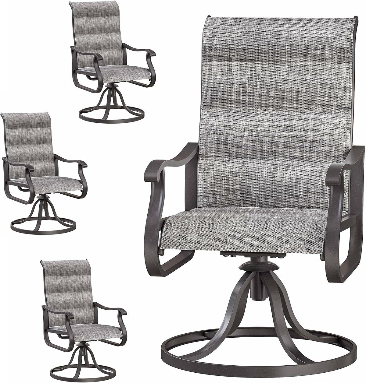 Close-up view of a high-back swivel rocking patio chair with woven gray fabric and metal circular base, plus three smaller