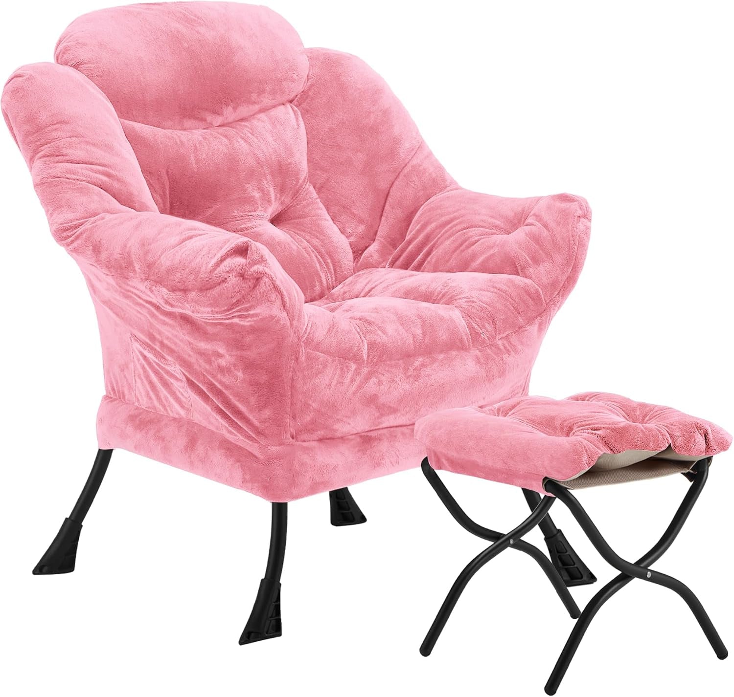 Pink velvet plush chair with matching tufted folding ottoman and black metal legs, angled view