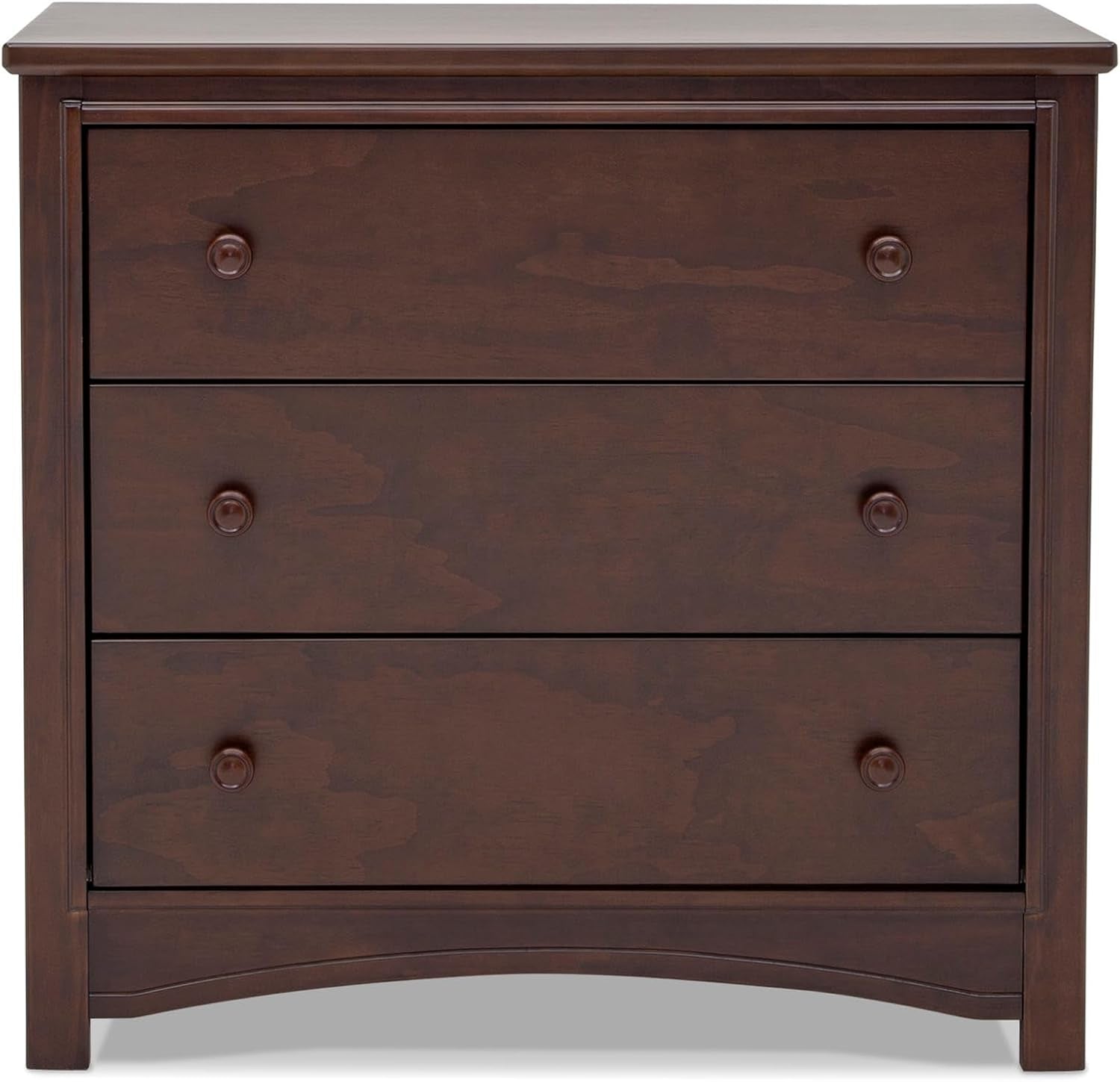 Straight-on front view of the three-drawer walnut dresser showing symmetrical round knobs and wood grain.
