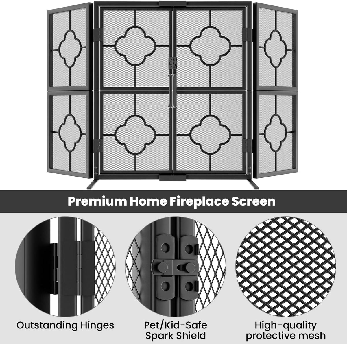 Centered fireplace screen front view above three circular close-ups showing hinge, latch and diamond mesh details.