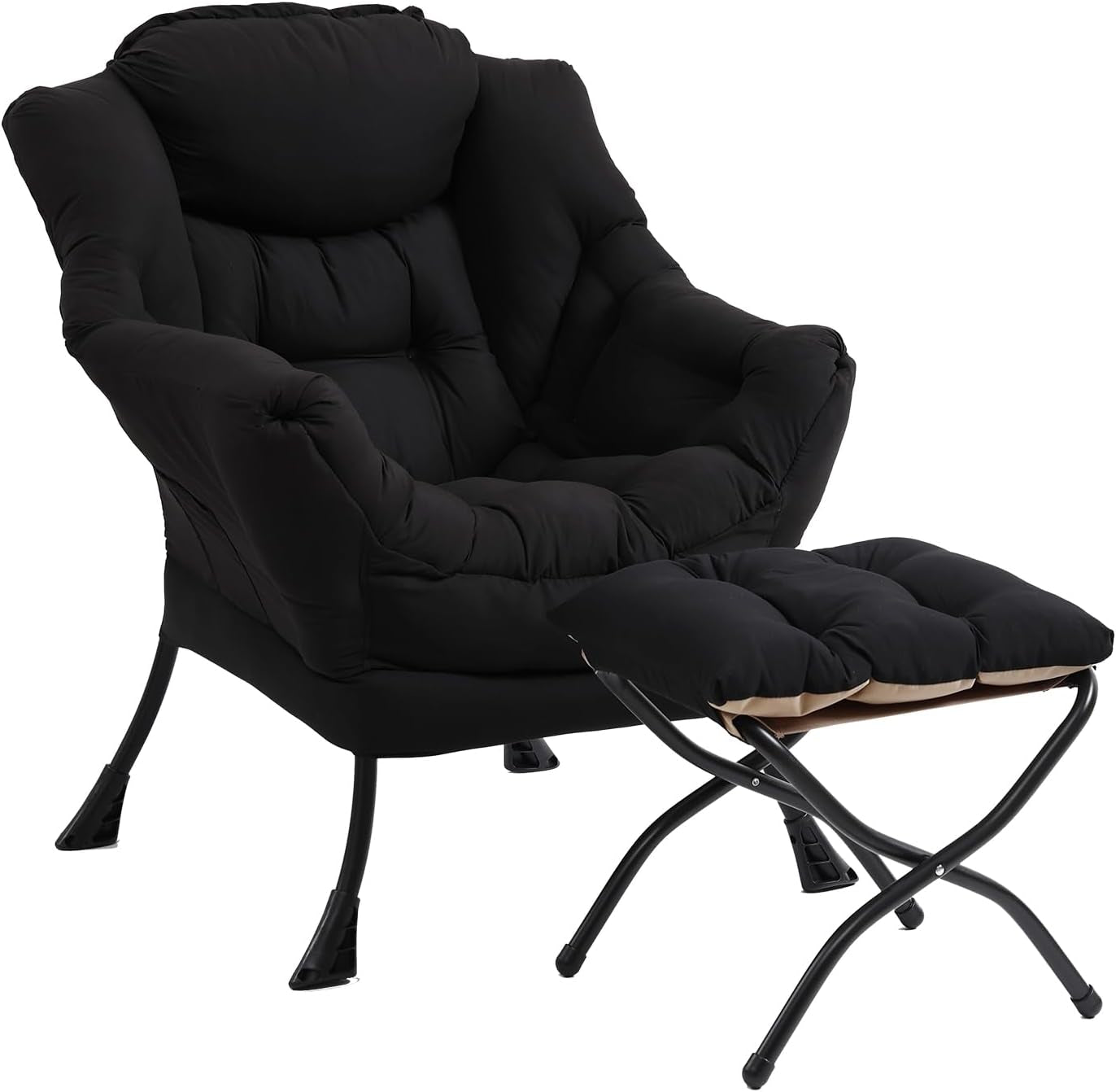 Black cushioned lounge chair with matching ottoman on a white background, angled view