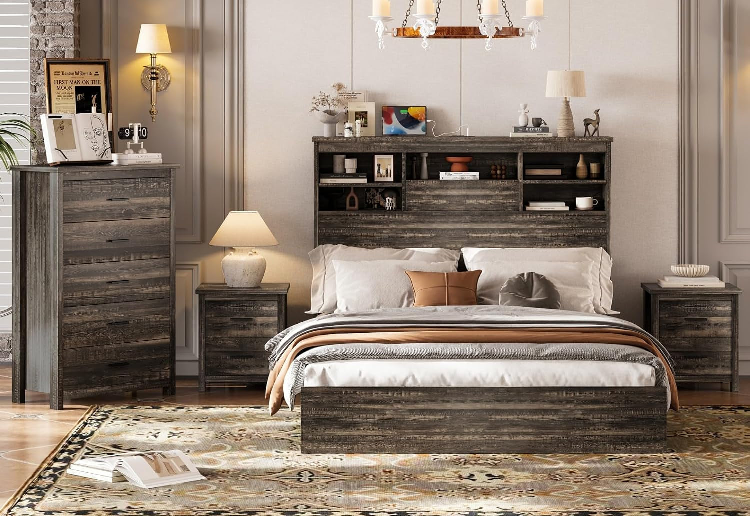 Staged bedroom in weathered gray finish with queen bed, headboard storage, tall dresser and matching nightstands.