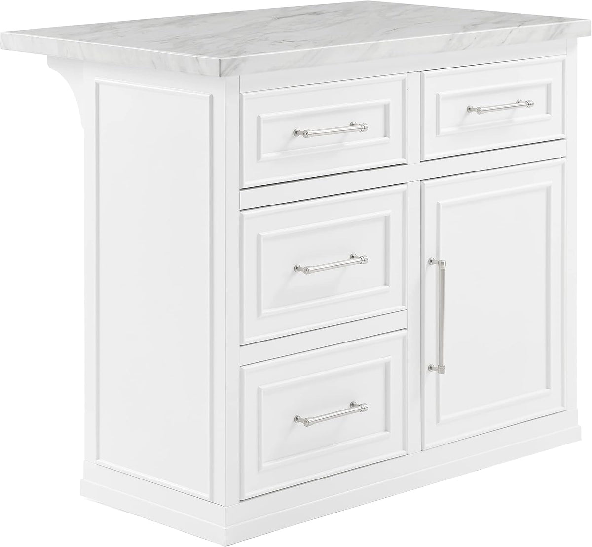 White kitchen island angled front-right view showing faux marble top, drawer fronts and brushed nickel handles