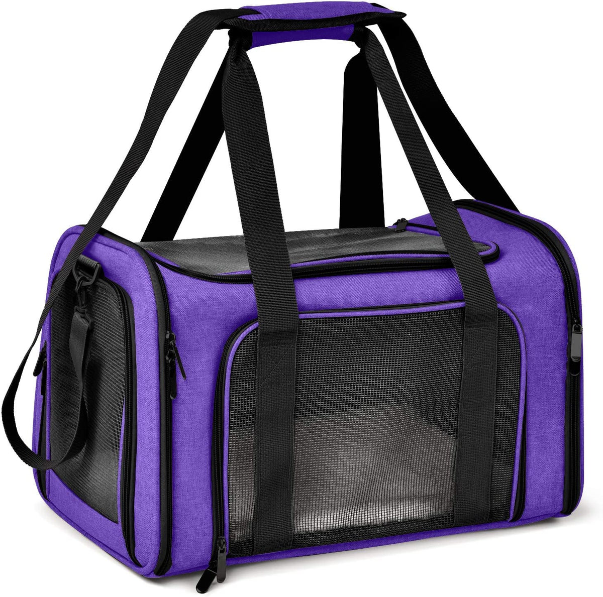 Angled front view of a purple soft-sided pet carrier with mesh panels and black straps