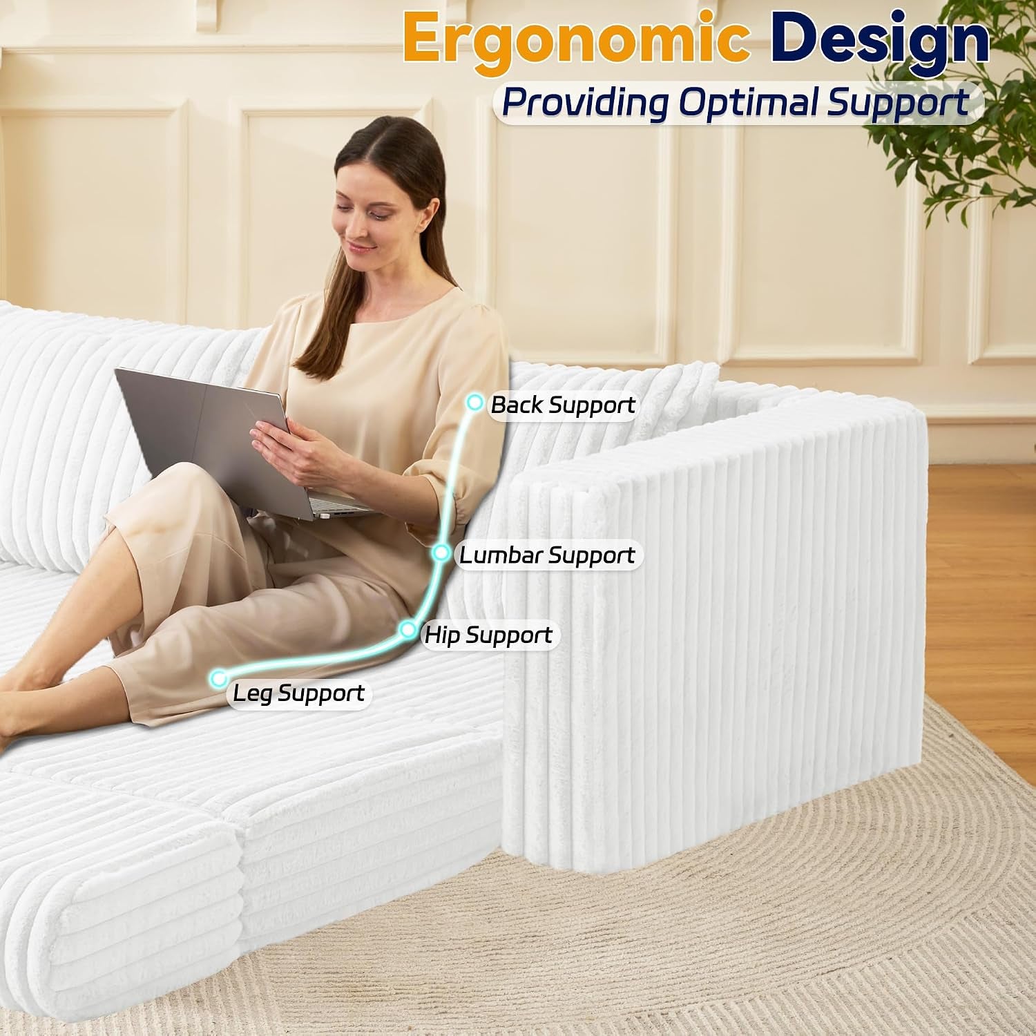 Close-up of armrest and folded mattress showing ergonomic support illustration on white fabric