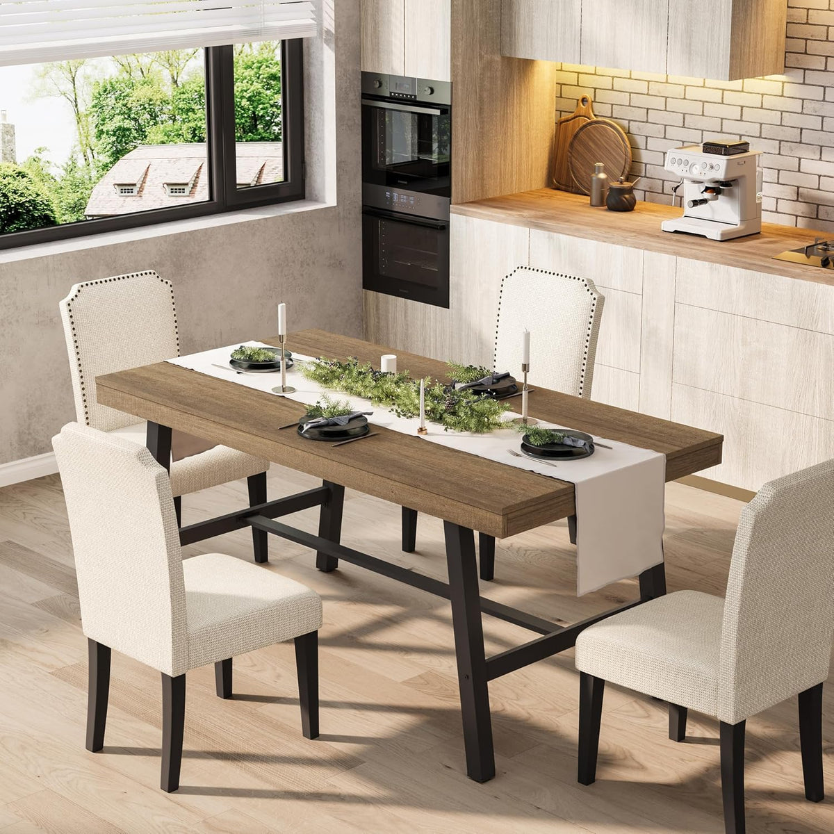 Angled view of the extendable table in a warm brown wood finish with beige chairs and a table runner.