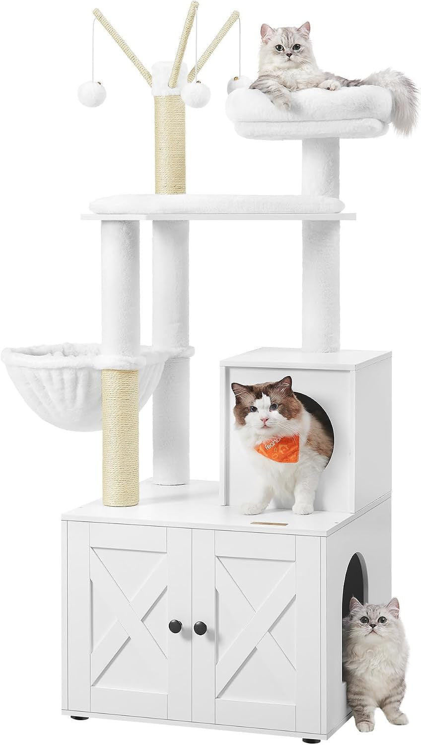 White cat tree with plush perches, sisal post and cats perched in the box and beside the unit.