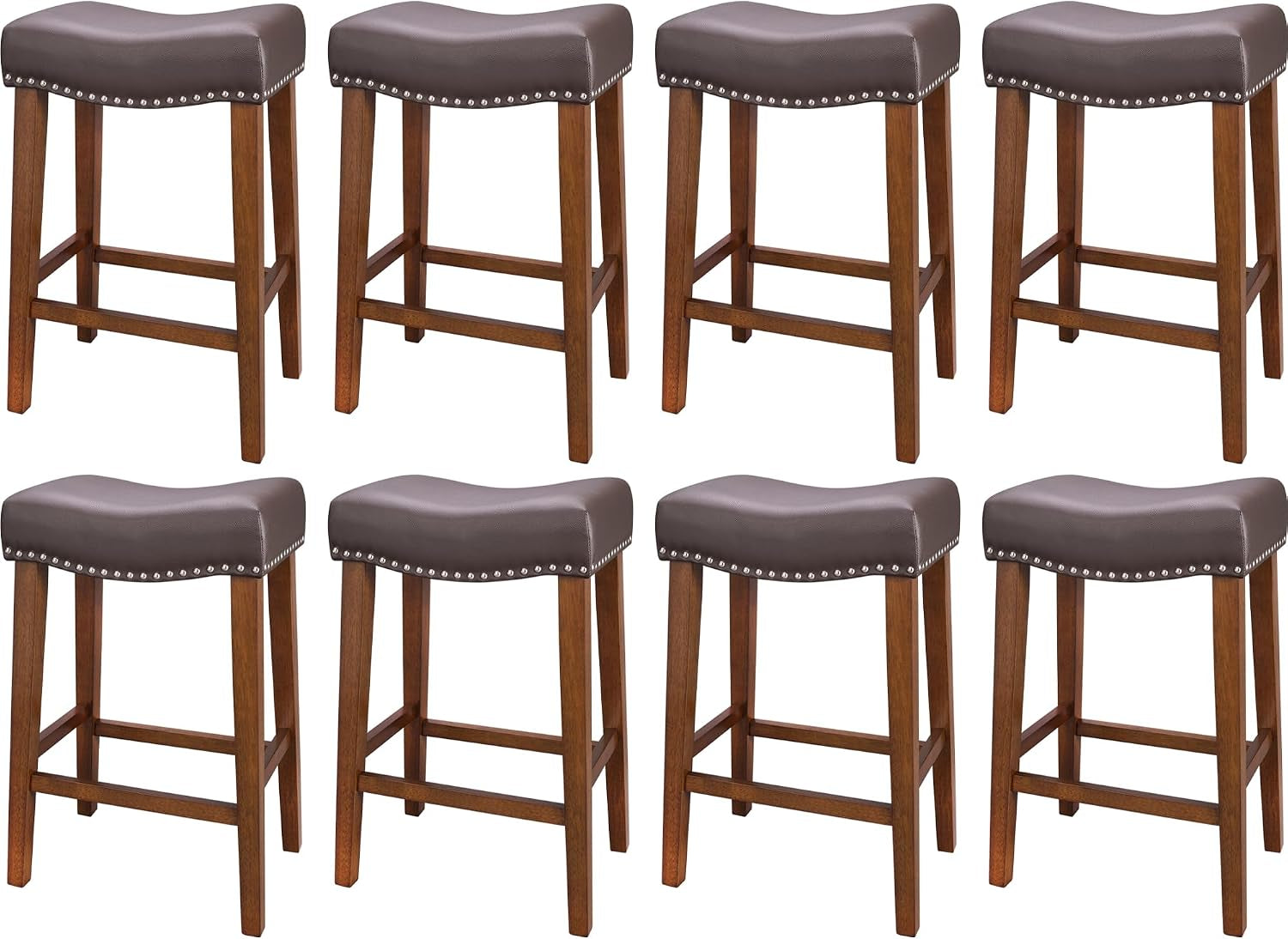 Eight dark taupe backless counter stools arranged in two rows, showing curved seats, nailhead trim and wooden frames.