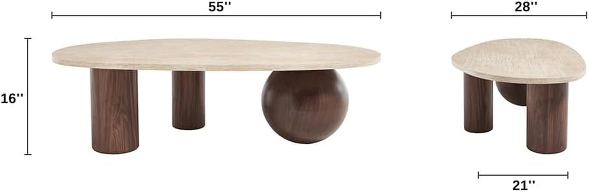 Illustration showing 55" by 28" oval table with three walnut-finish legs and a height callout
