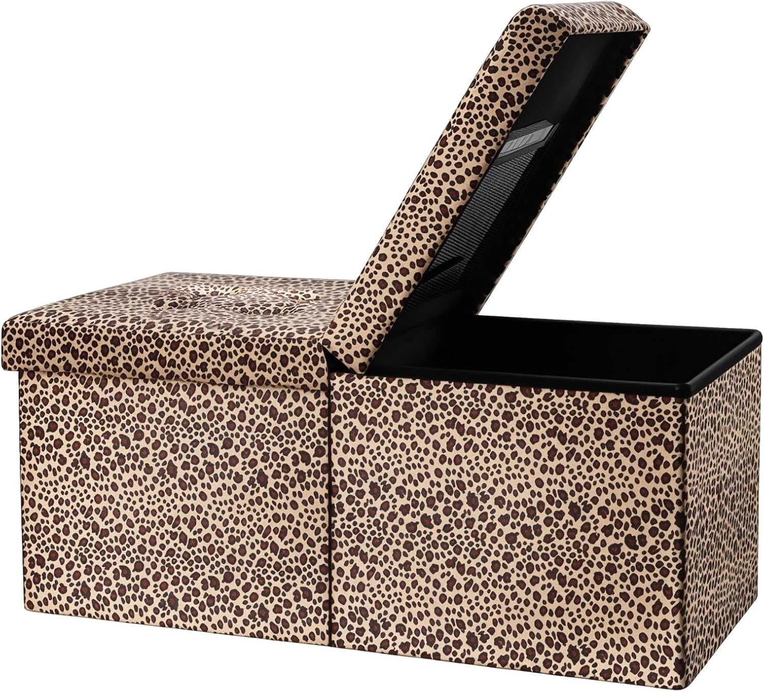 Leopard print folding storage ottoman bench with one padded lid propped open showing interior