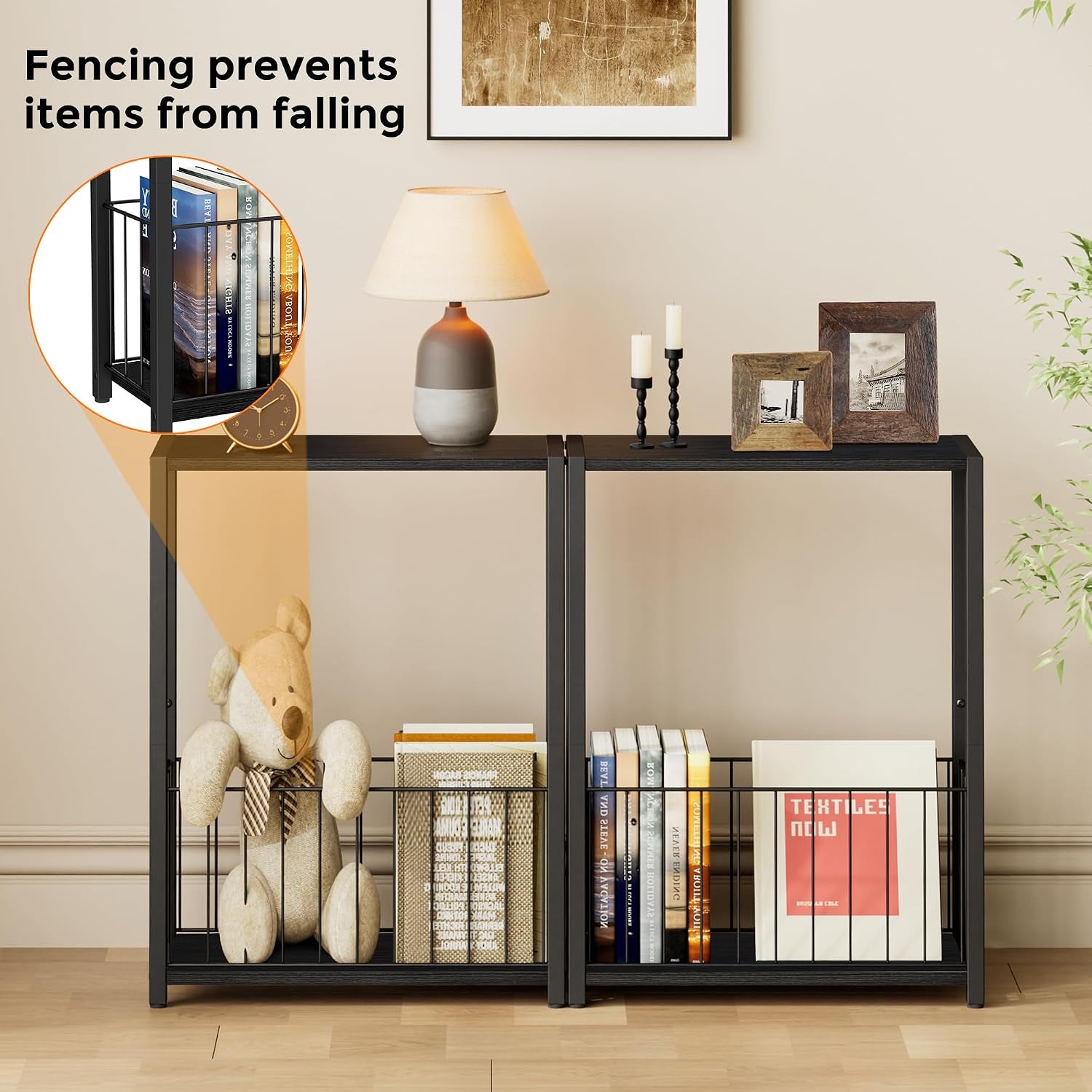 Two narrow black side tables side-by-side highlighting wire basket fencing and styling