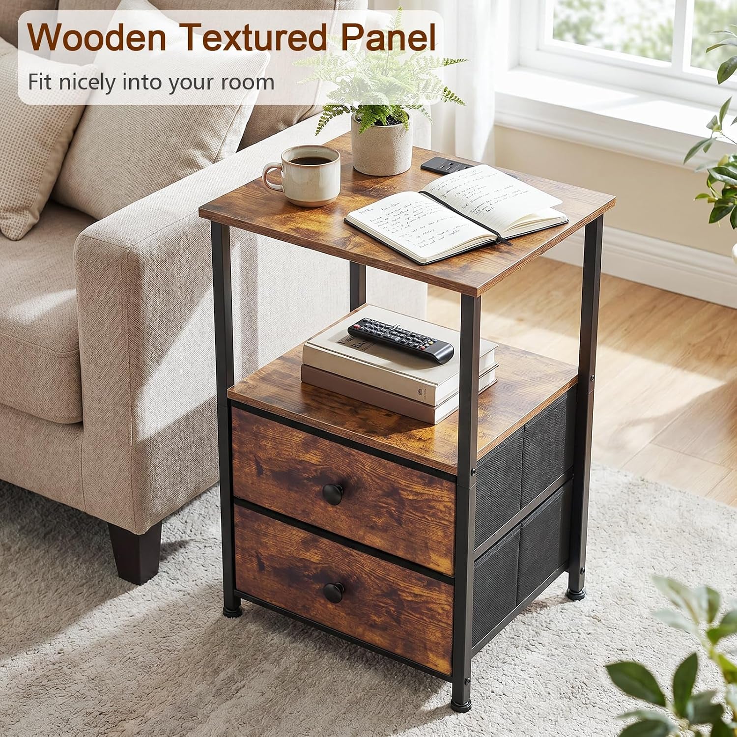 Nightstand next to a sofa showing top shelf with mug and open notebook, wood-textured finish