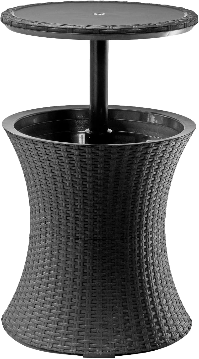 Front view of round wicker-look outdoor side table with removable top lifted to reveal inner cooler and central support post.
