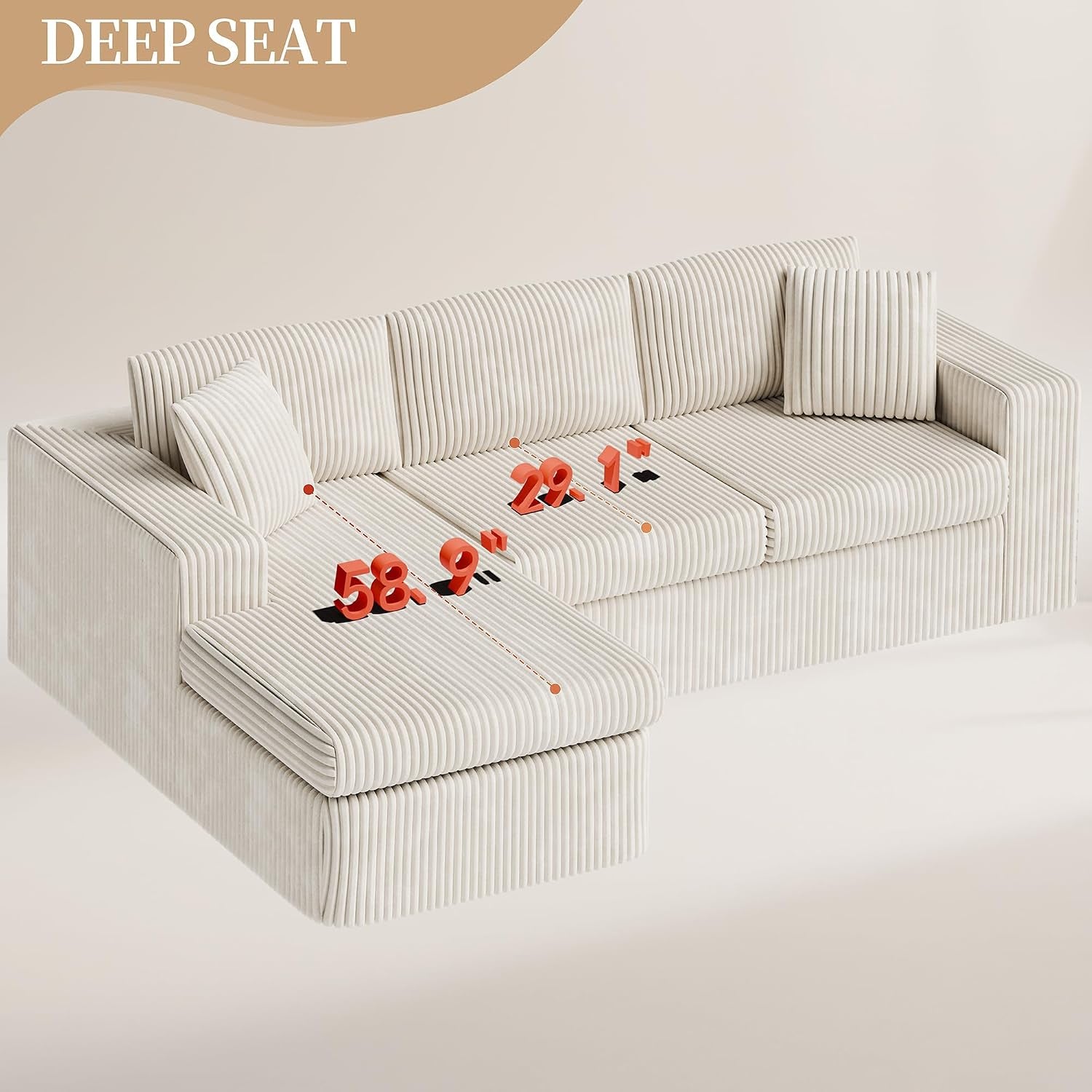 105" Boneless Couches for Living Room, Sectional Couches Modular Sofa with L-Shaped Chaise, Memory Foam Comfy Cloud Couch with Plush Corduroy Fabric, No Assembly Required, (Beige)