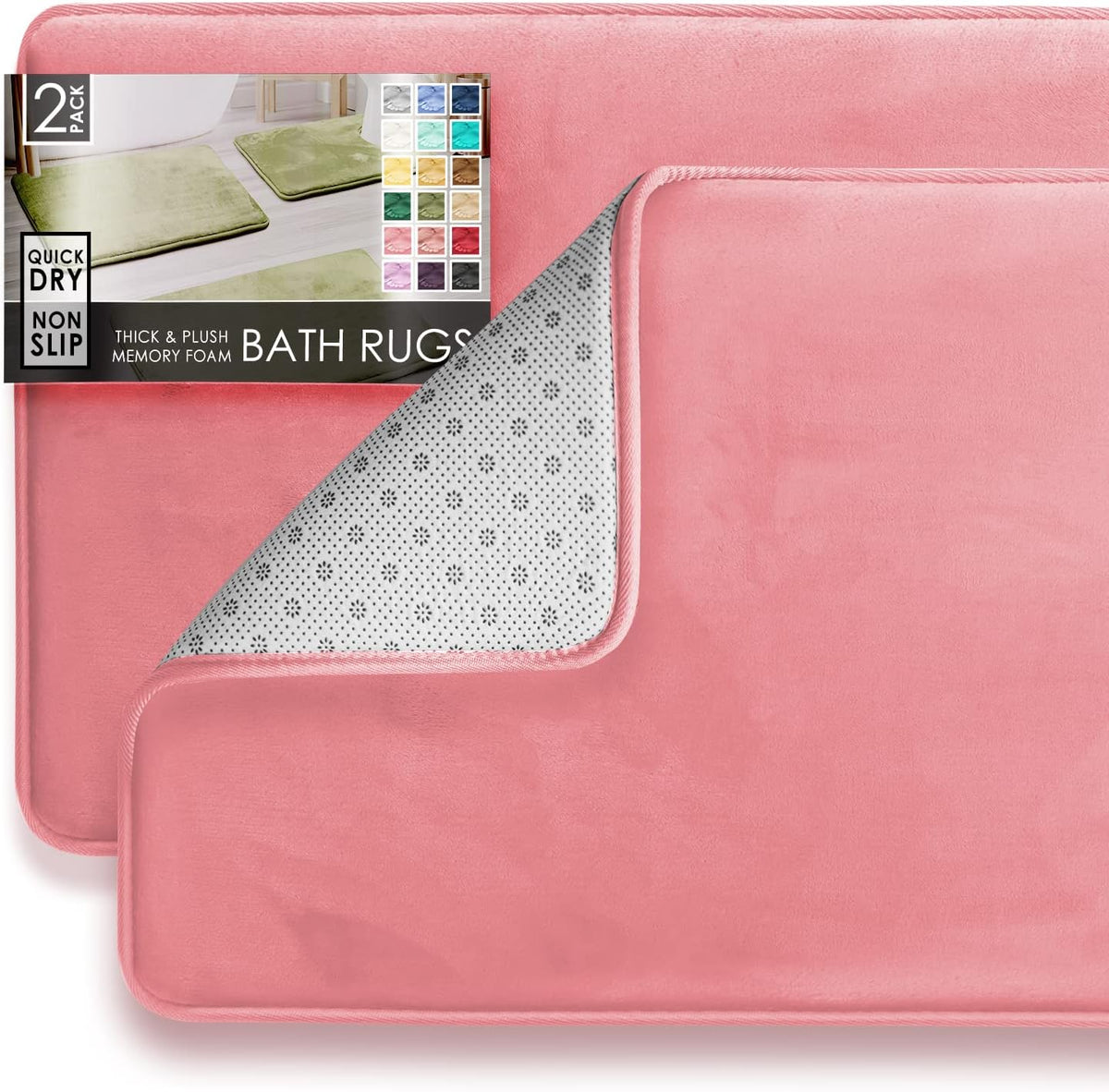 Two pink rectangular mats shown overlapped, one corner turned up to reveal the dotted non-slip underside.