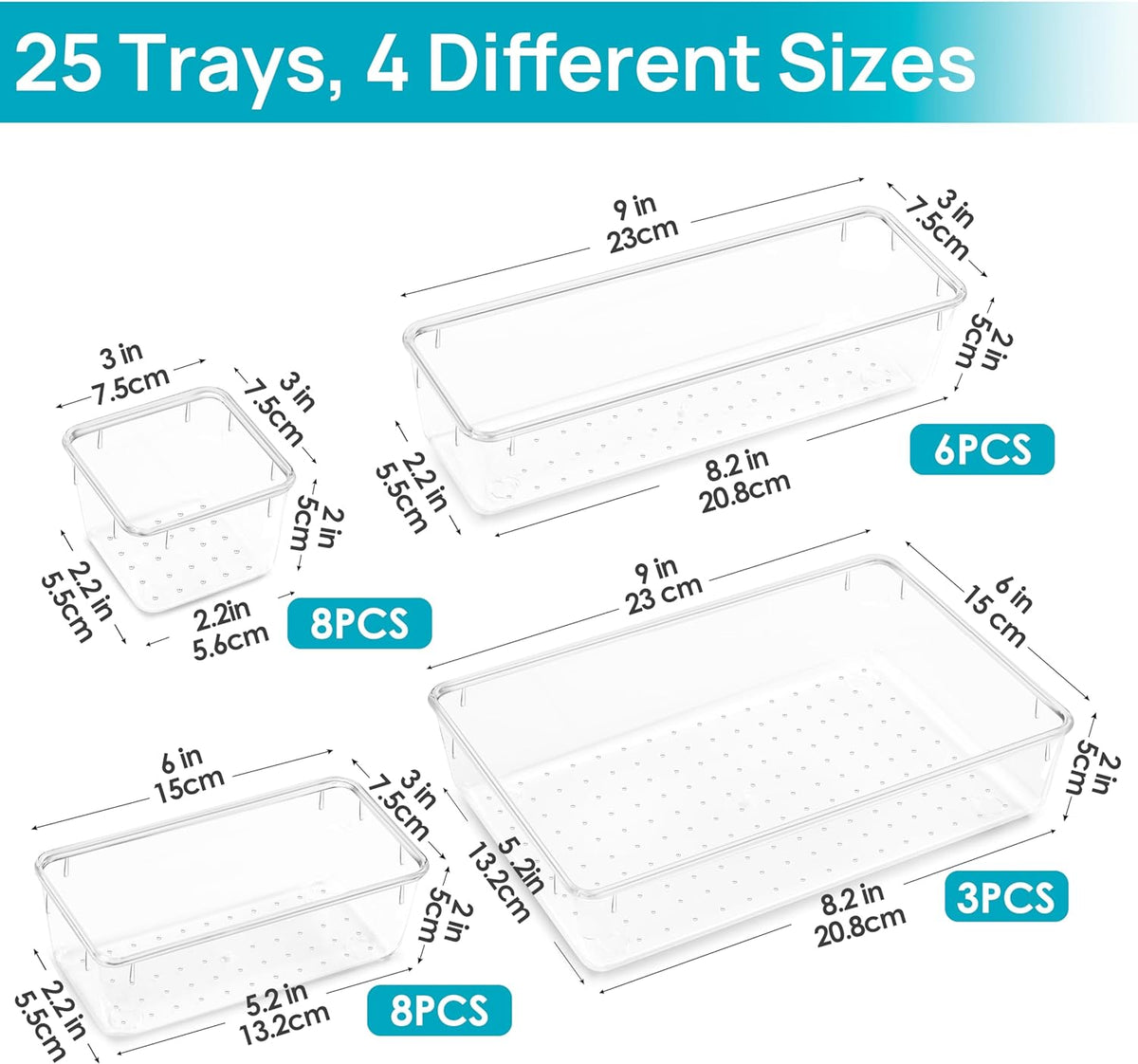 Graphic illustration showing the measurements and labeled tray sizes included in the 25-pack clear organizer set