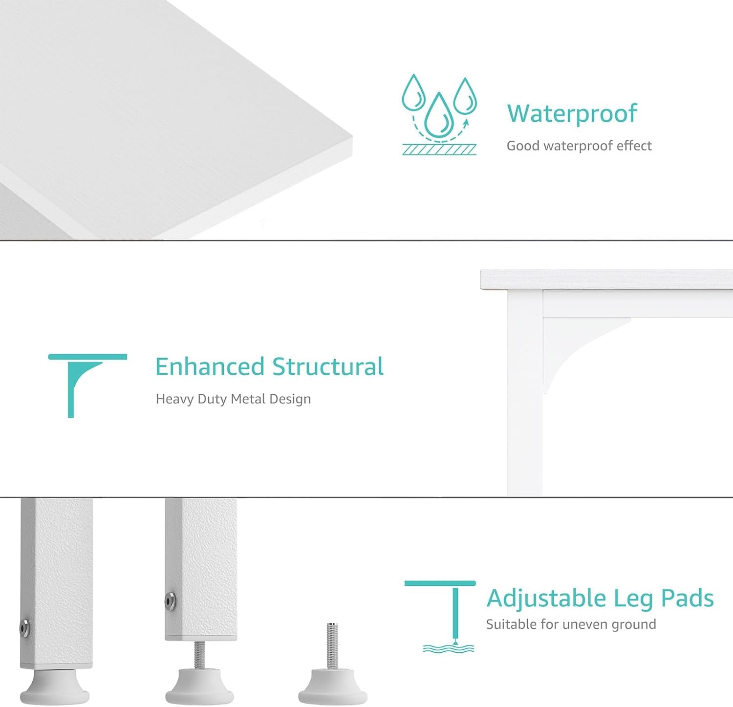 Detail shots of white desk materials and adjustable leg pads shown in separate horizontal panels.