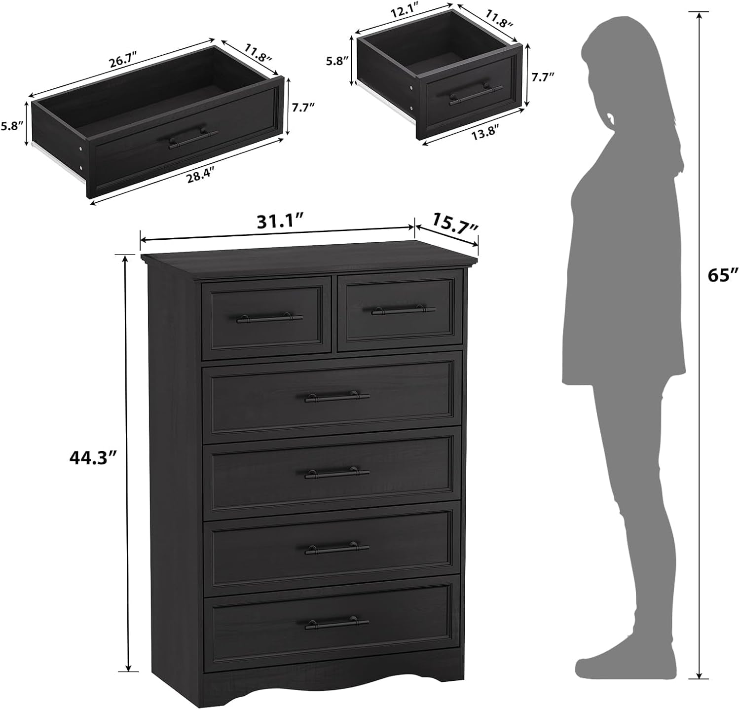 Dimension diagram for the black 6-drawer chest showing overall height and width