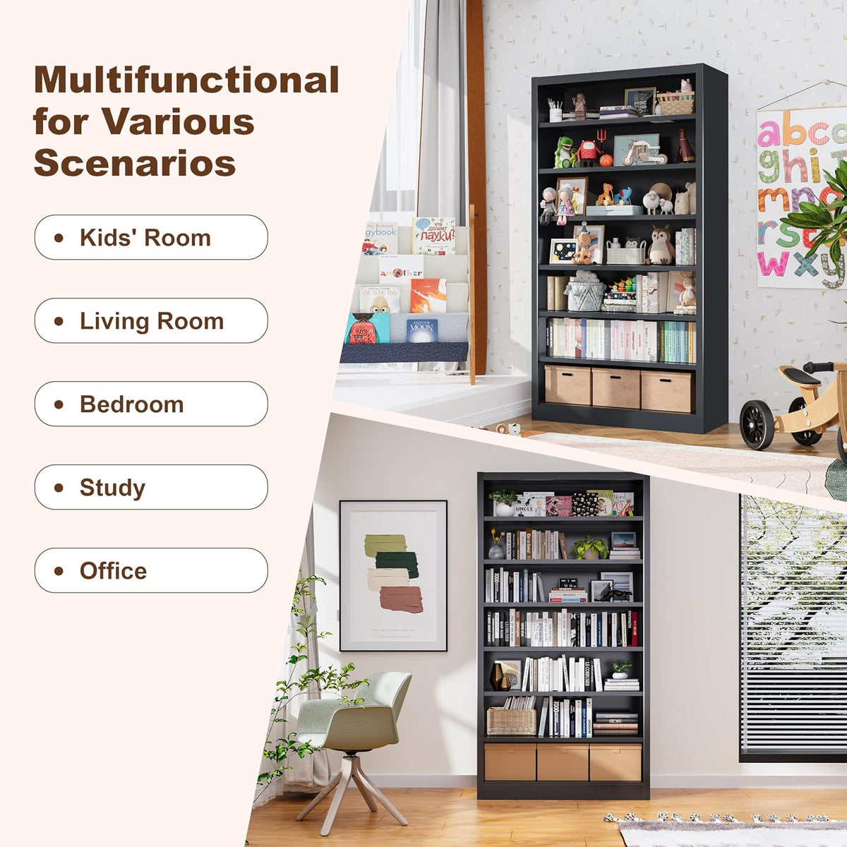 Black metal media cabinet shown in multiple room scenes to illustrate versatile use in living rooms, bedrooms and studies.