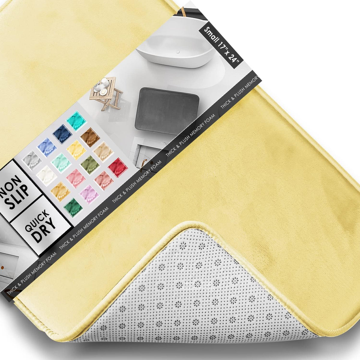 Angled view of a pale yellow rectangular mat showing boxed color-swatches on the packaging and a flipped corner of the